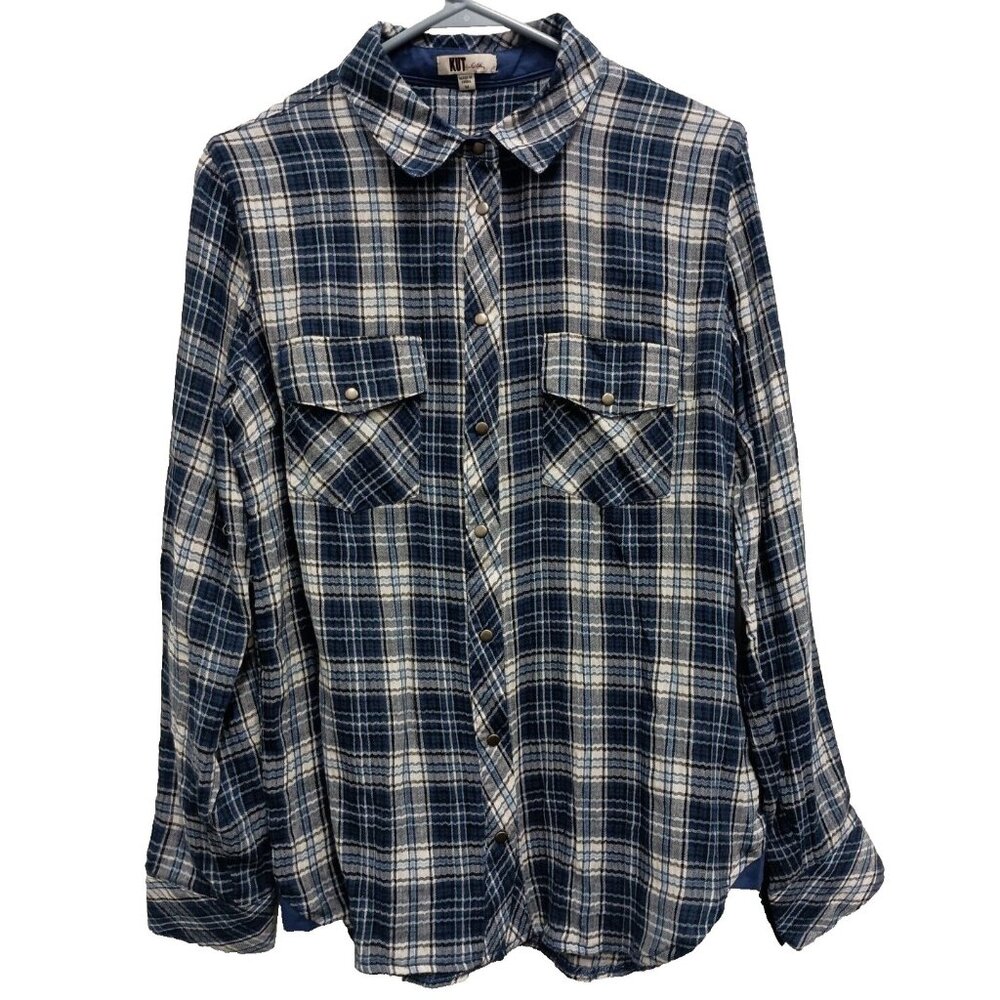 KUT From The Kloth BOHO Shirt Womens Medium Blue Plaid Long Sleeve Button Up